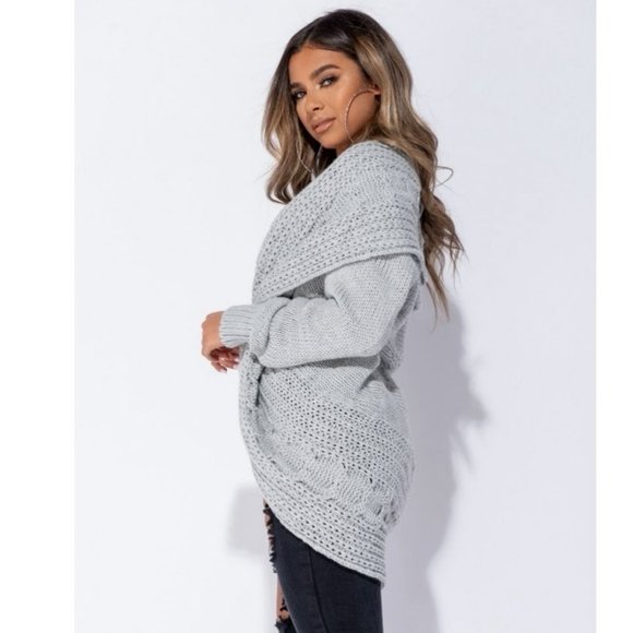 Grey Chunky Cable Knit Long Sleeve Shawl Collar Open Front Midi Cardigan - Picture 9 of 11